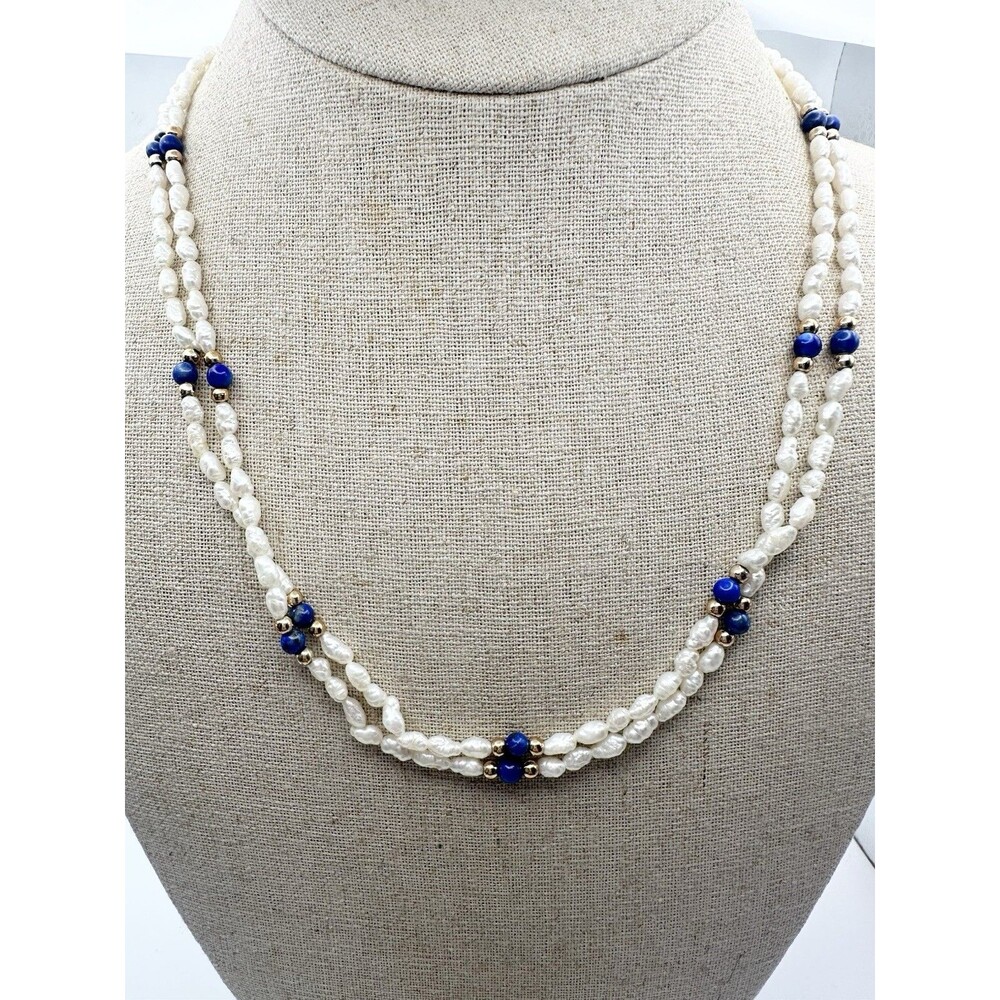 Double Strand Freshwater Seed Pearl Lapis Beaded Necklace 18”